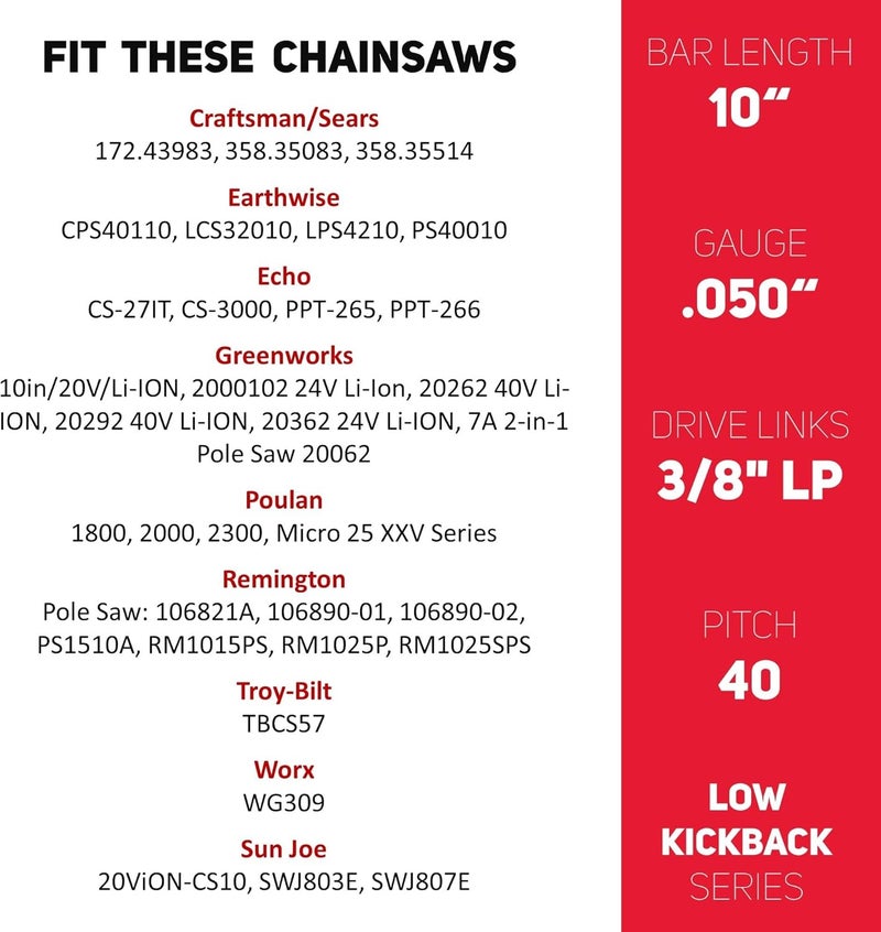 ES 3 Pack 10 Inch Chainsaw Chain 3/8" LP Pitch .050" Gauge 40 Drive Links Semi-Chisel Chain Saw Chains for Husqvarna, Poulan, Craftsman, Greenworks and More Chainsaw Brands - Image 4